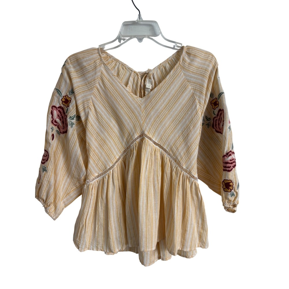 Easel Yellow Striped Floral Embroidered Babydoll Boho‎ Peasant Top Small